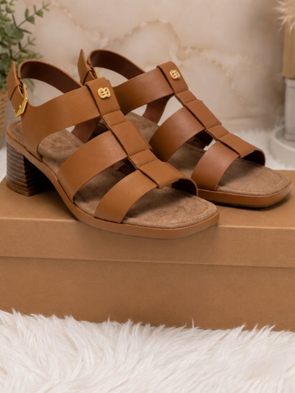Women's Tan Block Heel Strappy Sandals NWT